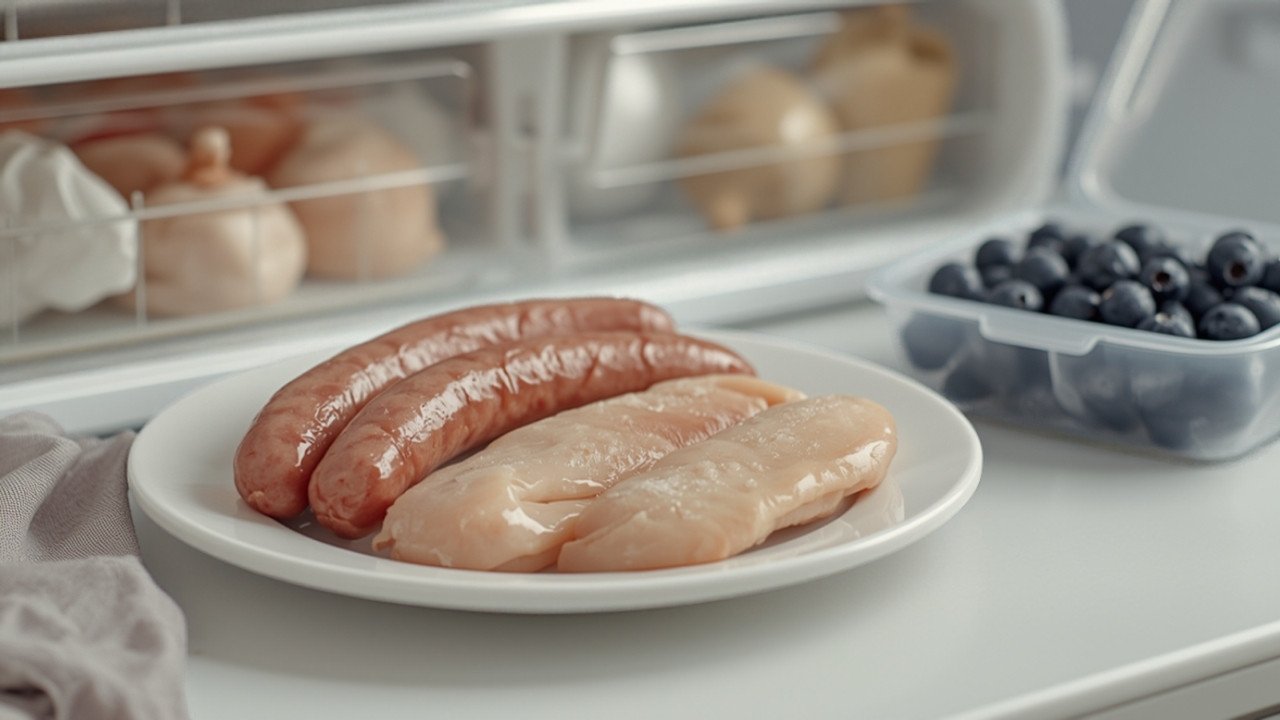 Symbolbild Lebensmittelrückrufe: rohe Bratwurst, Putenschnitzel und tiefgefrorene Heidelbeeren auf einem Küchentisch