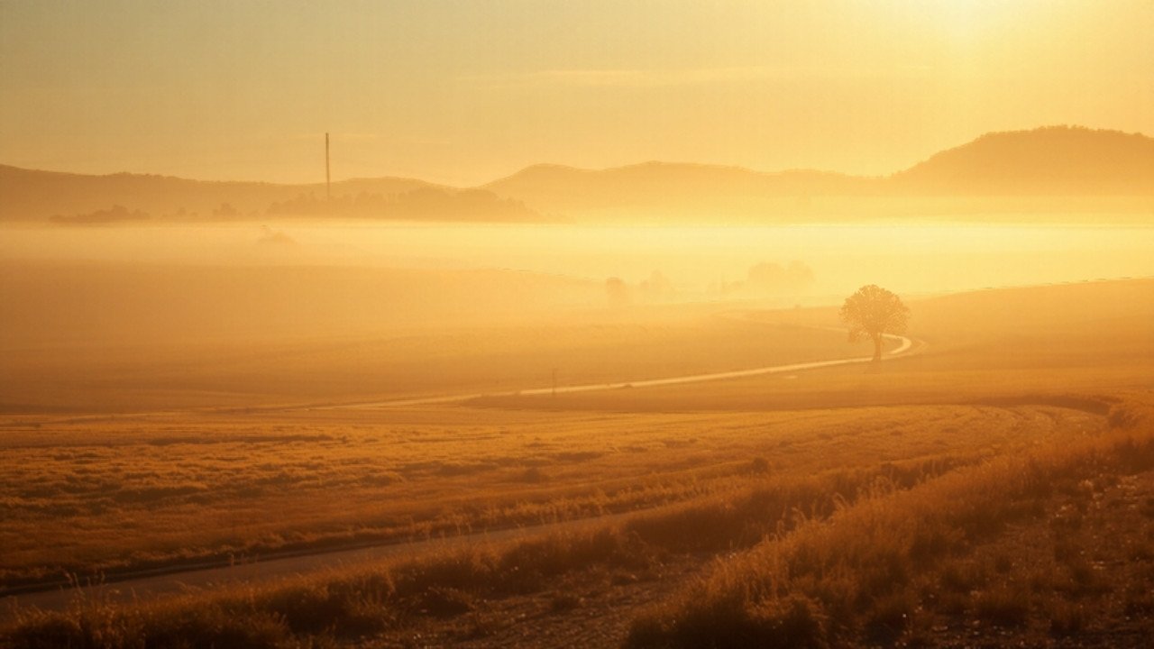 Goldene Herbstlandschaft mit Frühnebel über einer Landstraße, Sonne bricht durch den Dunst