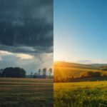 Geteiltes Wetterbild Deutschland: regnerischer, windiger Norden links, sonniger warmer Süden rechts
