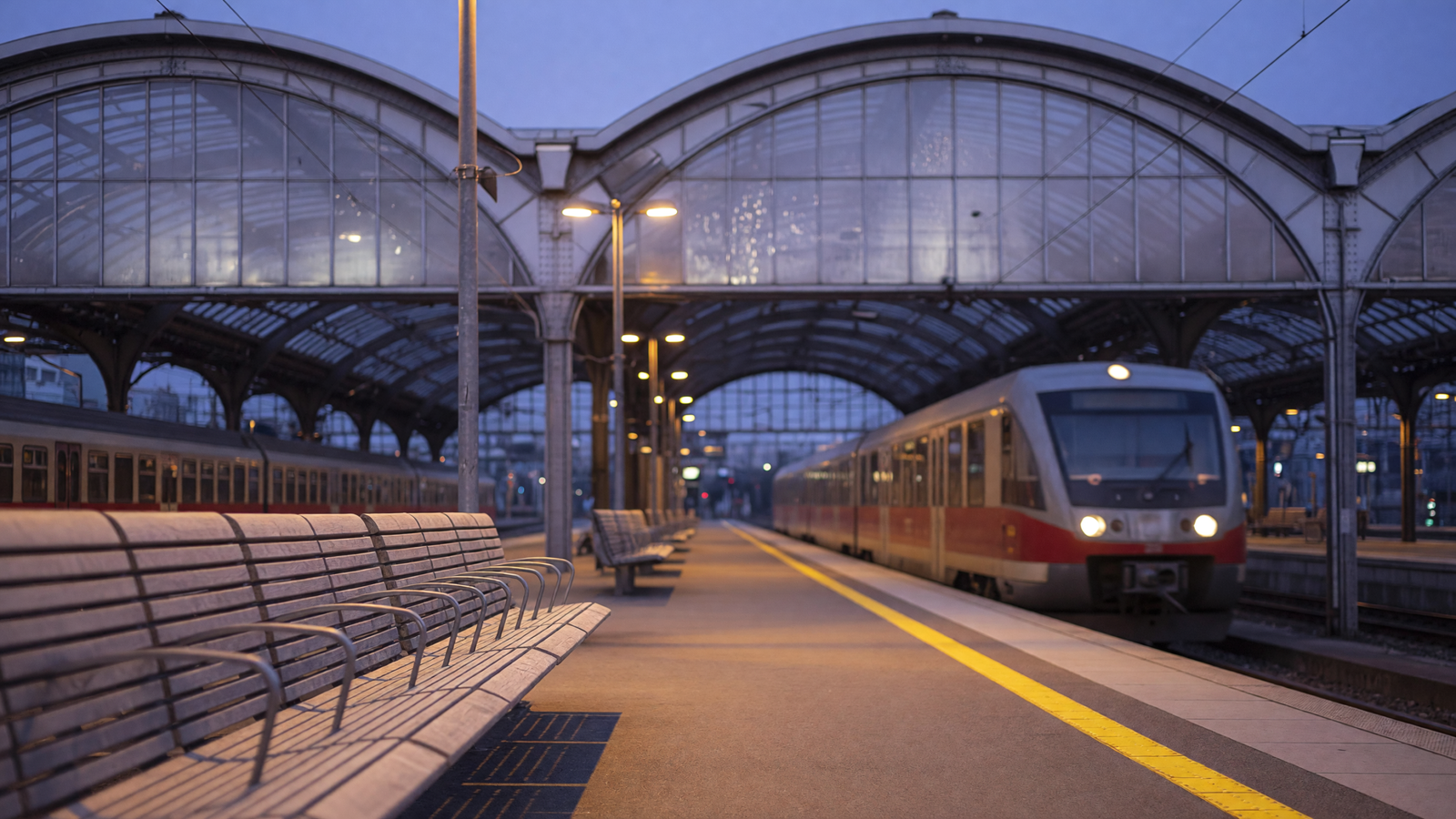 Leerer Bahnsteig unter einer Bahnhofshalle in der Abenddämmerung mit einfahrendem Regionalzug