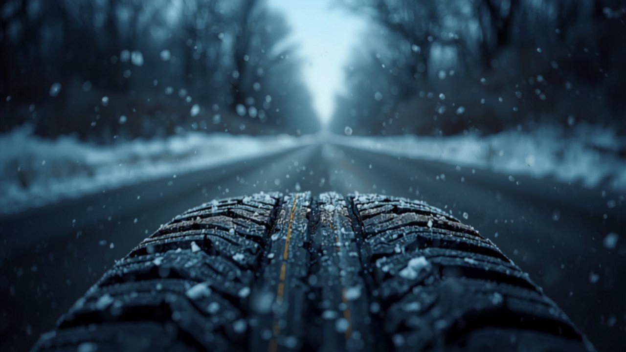 Nahaufnahme eines Winterreifens mit Profil, verschneite Straße im Hintergrund