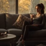 Läuferin in Sportkleidung pausiert erkältet mit Tee auf dem Sofa
