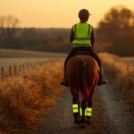 Reiterin mit Reithelm und reflektierender Weste reitet auf einem Feldweg im Abendlicht