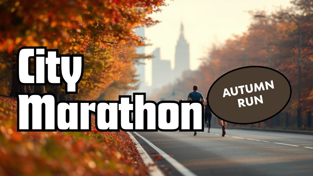 Marathonläufer auf herbstlicher Stadtmarathon-Strecke mit buntem Laub