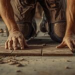 Handwerker kniet mit Knieschonern beim Fliesenlegen