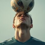 Fußballspieler köpft konzentriert einen Ball, Symbolbild für Kopfball-Sicherheit und Gehirnerschütterungs-Prävention