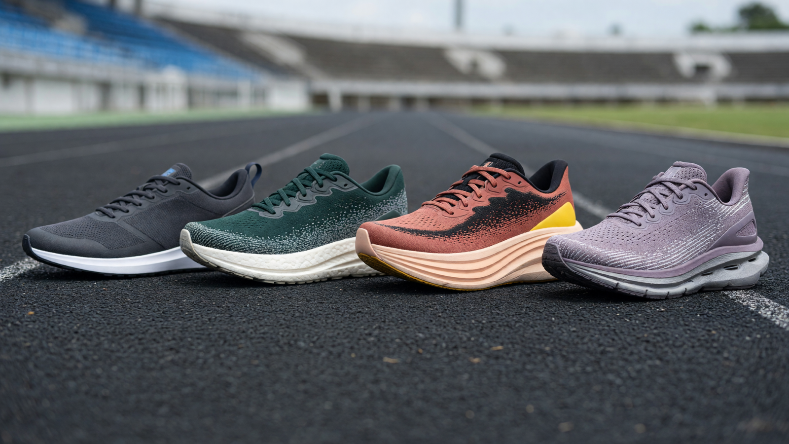 Vier Laufschuhe mit unterschiedlich hohen Mittelsohlen nebeneinander auf einer Laufbahn