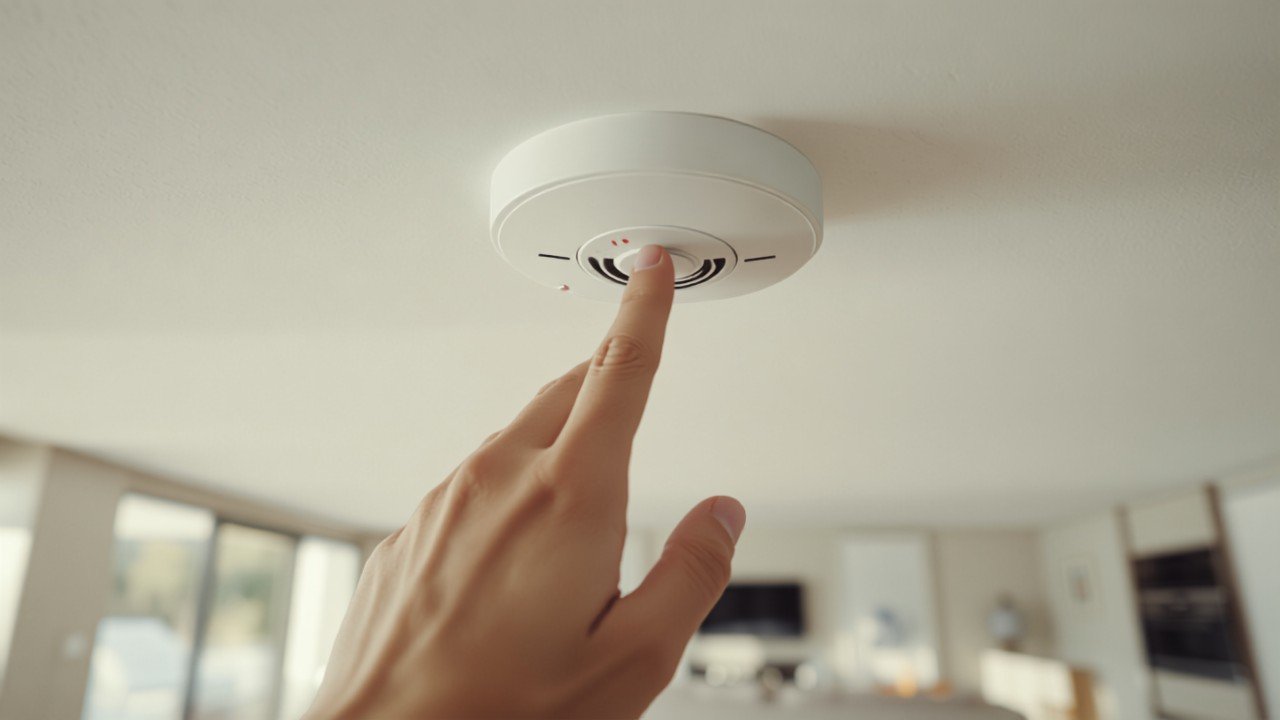 Hand drückt die Prüftaste an einem Rauchmelder an der Decke