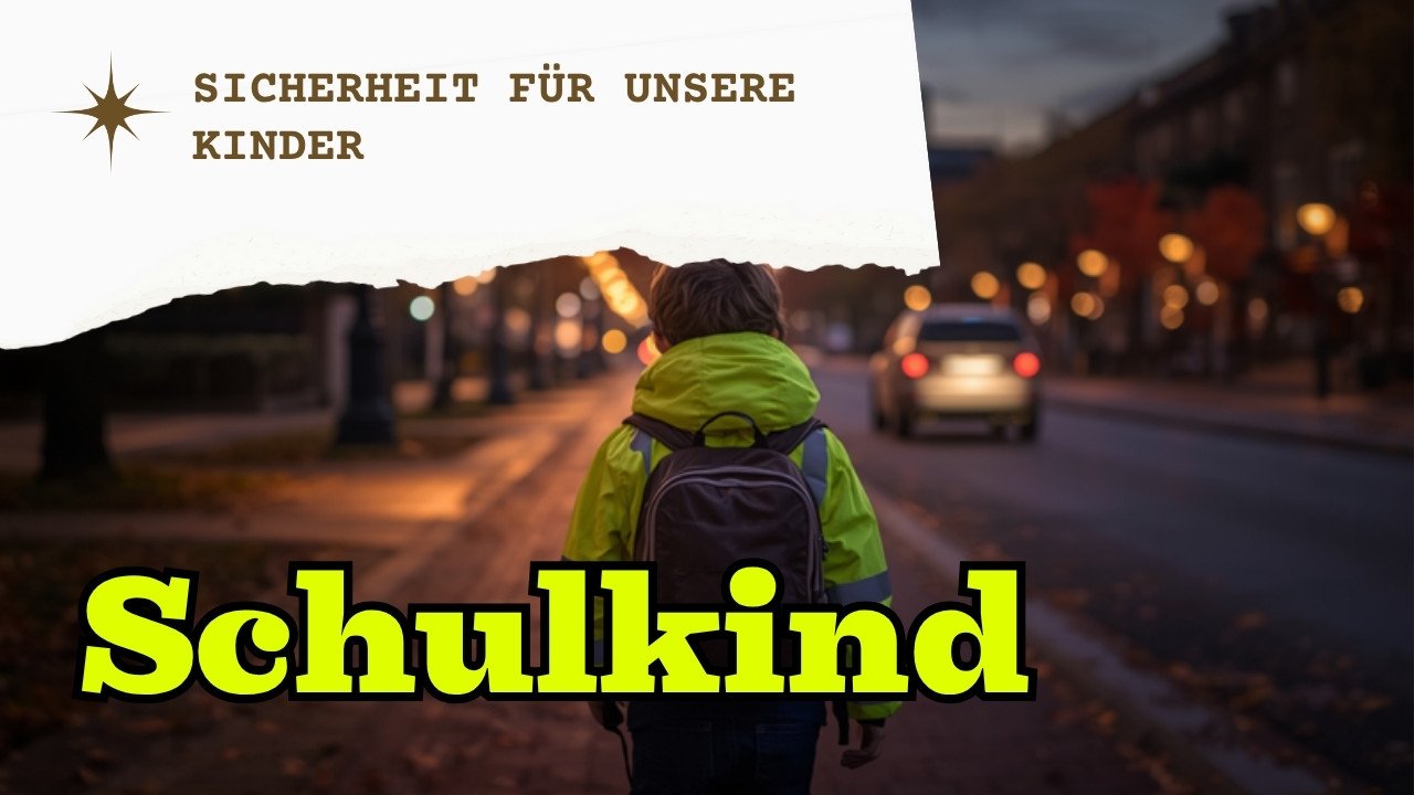 Schulkind mit reflektierender Jacke und Rucksack in der Dämmerung am Straßenrand