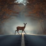 Reh steht in der Abenddämmerung am Rand einer Landstraße im Scheinwerferlicht