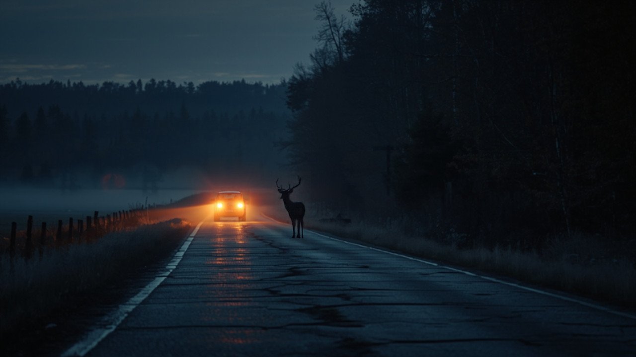 Reh am Waldrand im Scheinwerferlicht einer Landstraße in der Abenddämmerung – Wildwechselgefahr