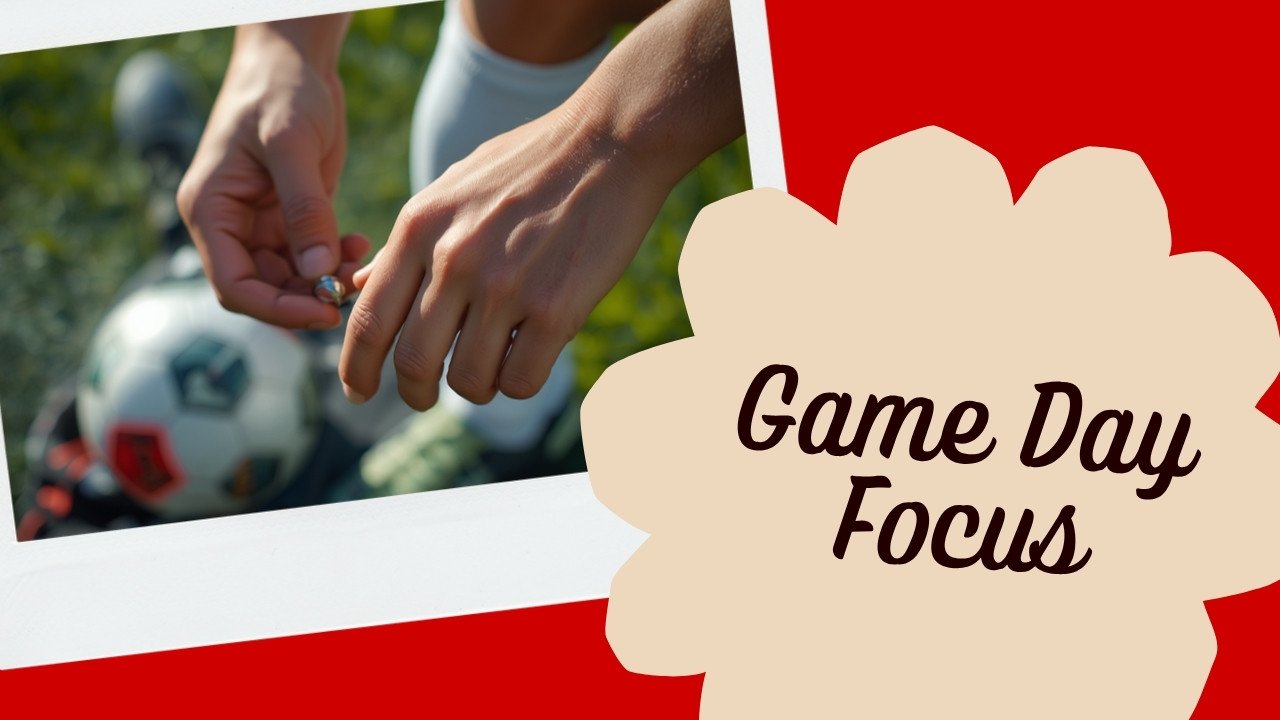 Amateur-Fußballspieler zieht vor dem Spiel einen Ring vom Finger, im Hintergrund Rasen und Ball