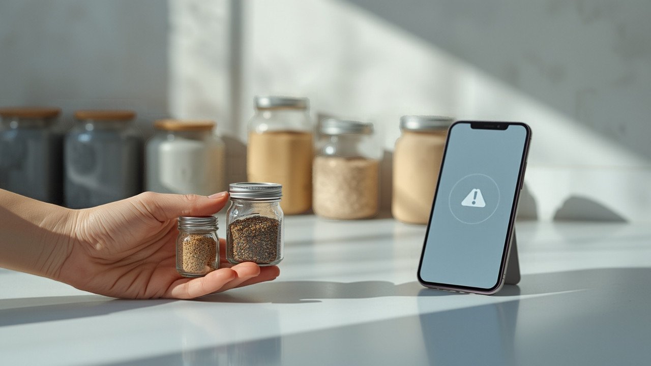 Hand prüft Gewürz- und Vorratsgläser auf einer Küchentheke – Symbolbild Produktrückruf