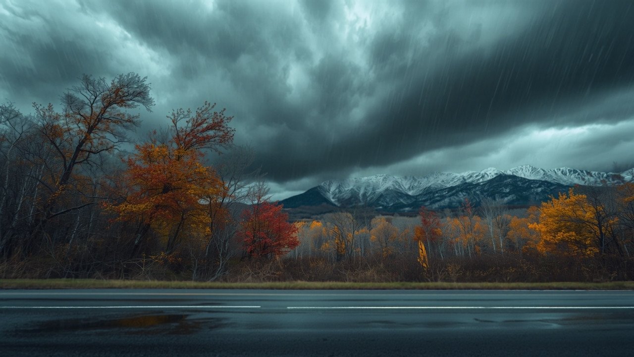 Dunkle Sturmwolken über herbstlicher Landschaft mit windgebeugten Bäumen und schneebedeckten Berggipfeln