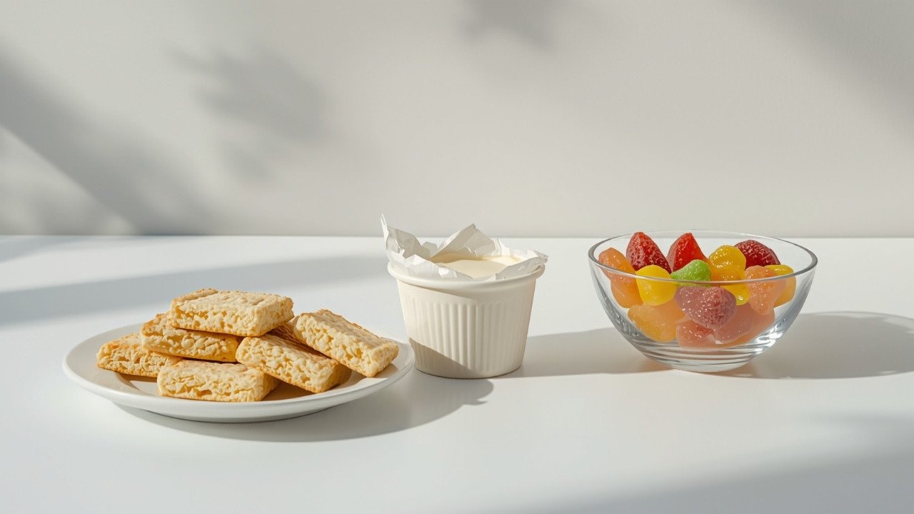 Symbolbild Lebensmittelrückrufe: Butterkekse, ein Becher Kochkäse und eine Schale Fruchtgummi auf einem Küchentisch