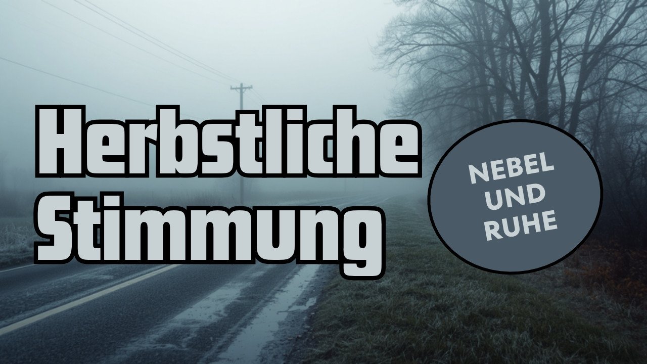Neblige, nasse Landstraße mit Raureif am Straßenrand an einem kühlen Herbstmorgen