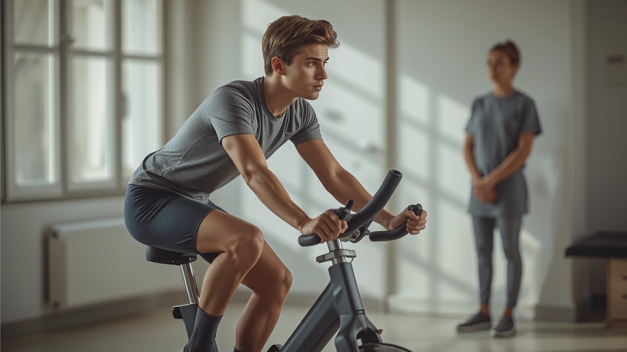 Junger Sportler auf einem Ergometer in einem hellen Reha-Raum, dosiertes aerobes Training