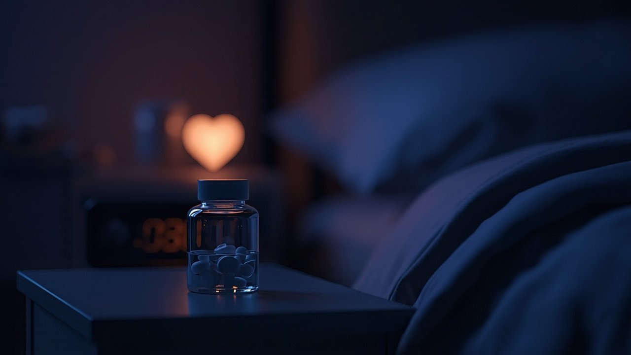 Fläschchen mit Melatonin-Tabletten und Wecker auf einem Nachttisch in blau-violettem Nachtlicht