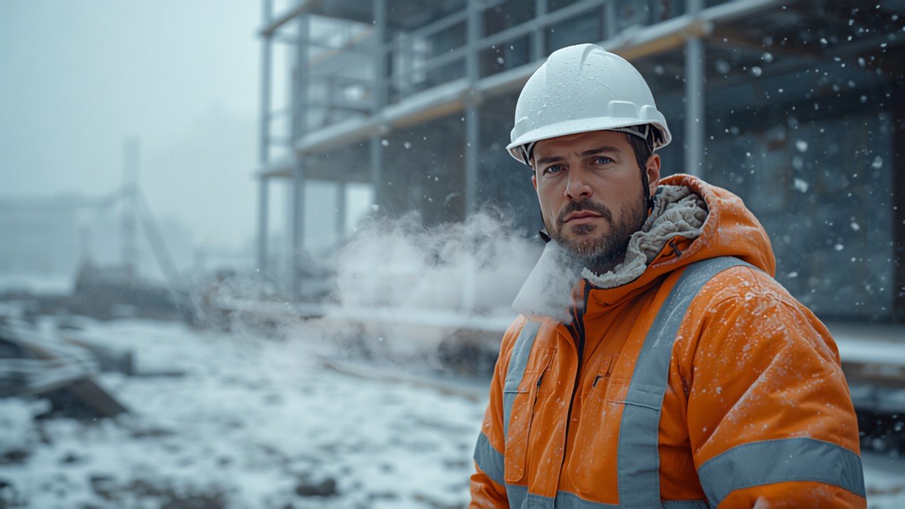 Bauarbeiter in Winter-Warnschutzkleidung arbeitet bei Frost und Schnee