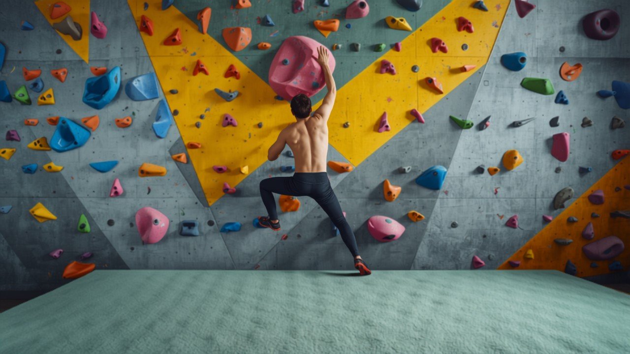Person klettert an bunter Kletterwand in einer Boulderhalle