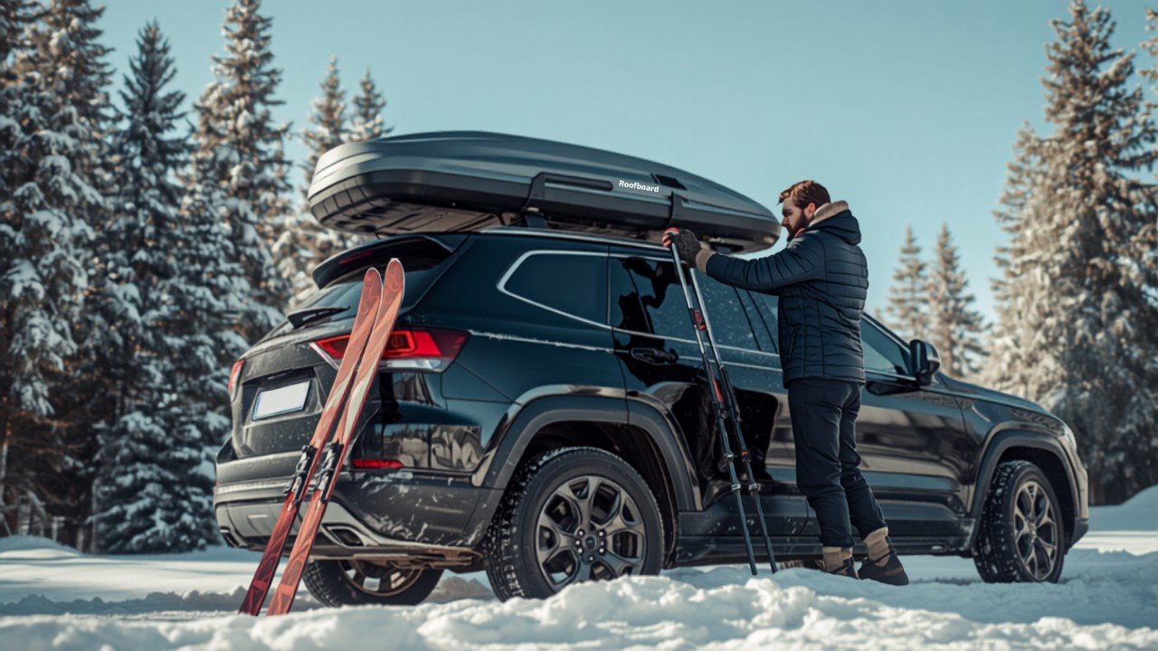 Dachbox wird auf dem Dachträger eines Autos beladen und festgezurrt