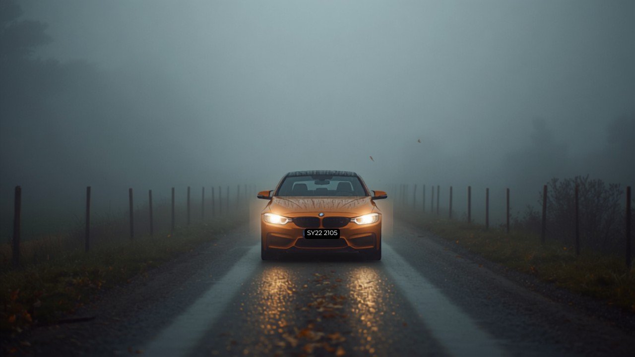 Auto mit Abblendlicht auf nebliger Landstraße im Herbst