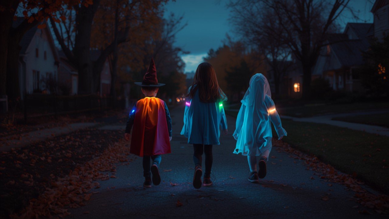 Kinder in Halloween-Kostümen mit Reflektoren und LED-Armbändern im Dunkeln
