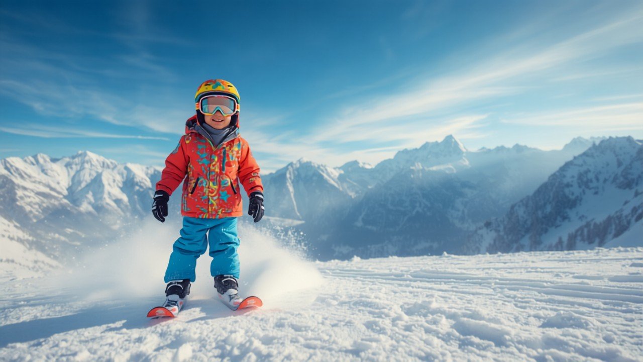 Kind mit buntem Skihelm und Skibrille auf der Skipiste