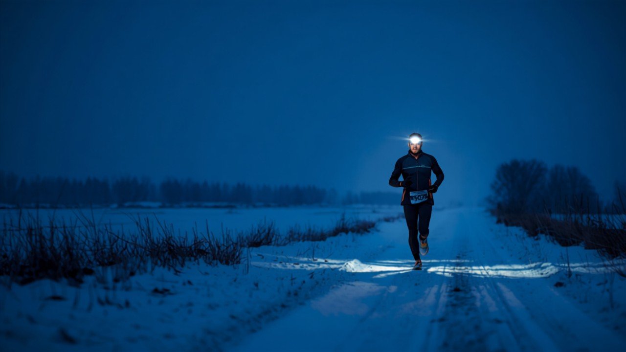 Läufer mit Stirnlampe und Reflektoren joggt im Winter in der Dämmerung