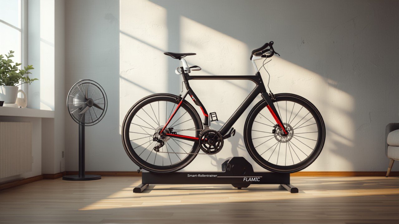 Rennrad auf einem Smart-Rollentrainer im Wohnraum mit Ventilator