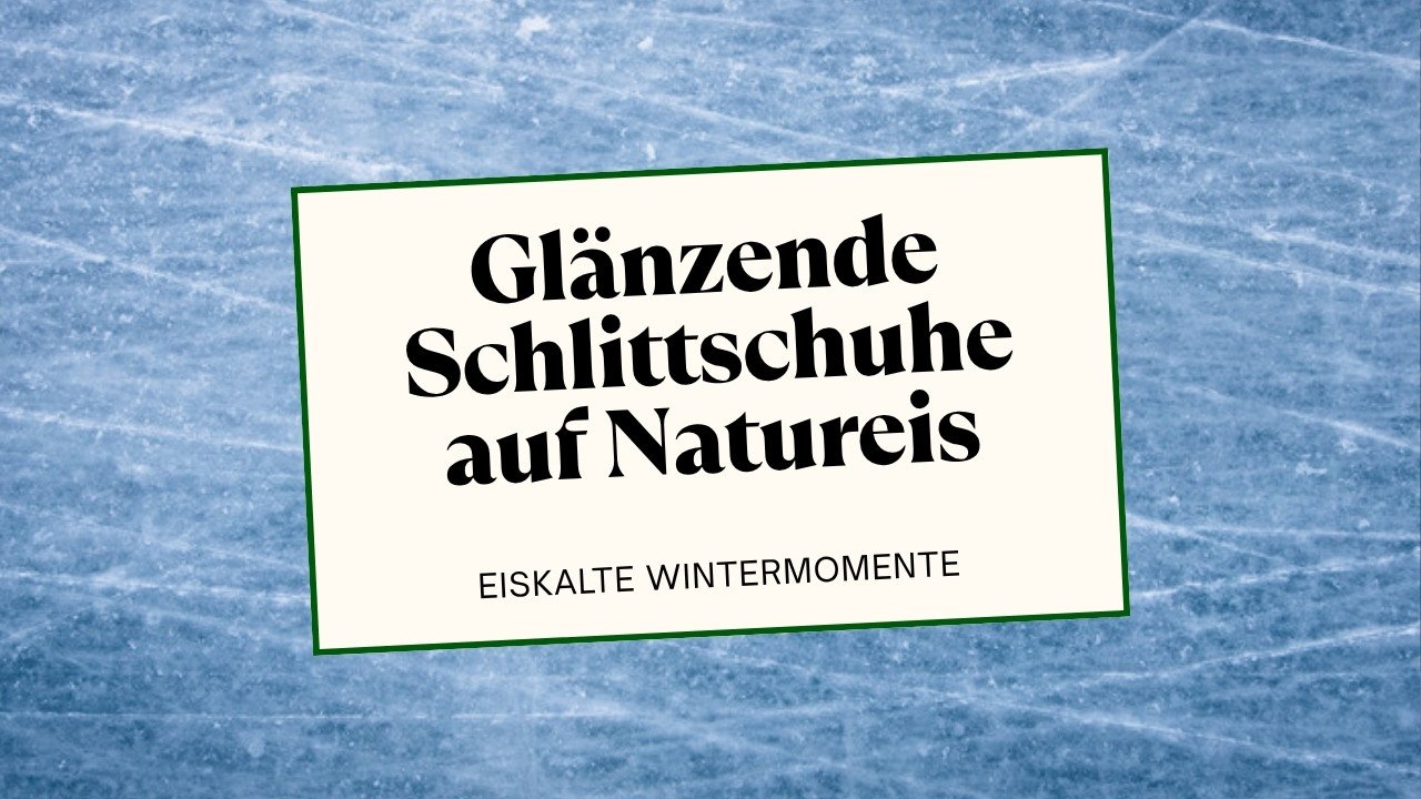 Schlittschuhe mit glänzenden Kufen auf glatter, spiegelnder Natureis-Fläche