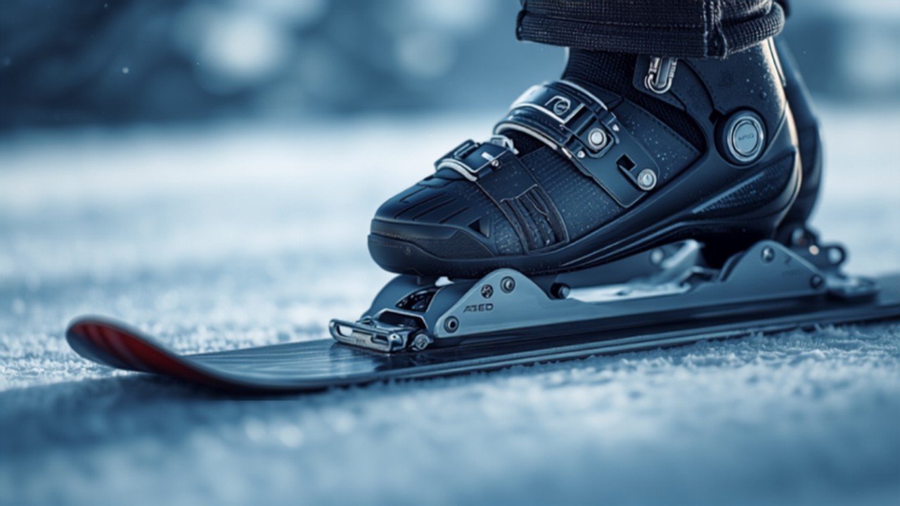 Nahaufnahme einer Skibindung mit eingerastetem Skischuh auf einem Ski