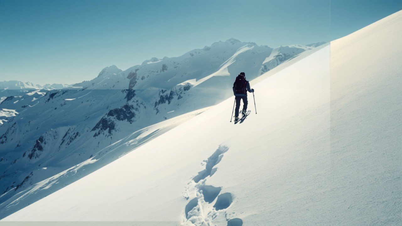 Skitourengeher steigt mit Fellen einen verschneiten Berghang hinauf