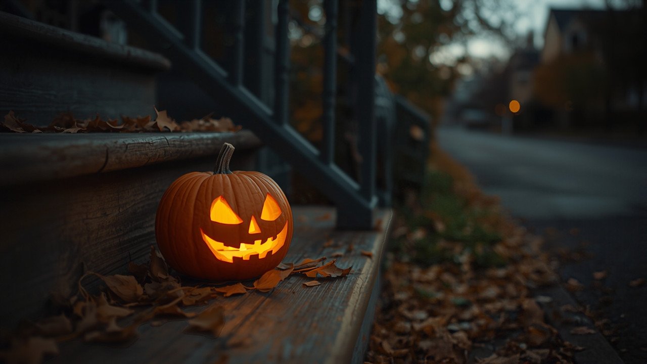 Dämmrige herbstliche Wohnstraße mit leuchtendem Kürbis auf einer Treppe und reflektierenden Streifen an einer Kinderjacke